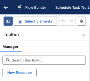 An open Flow toolbox with the new resource button highlighted 